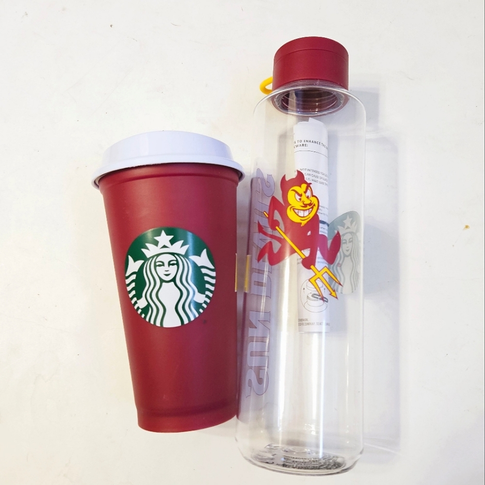 Starbucks ASU Plastic Reusable Water Bottle Tumbler & GO Cup Set
